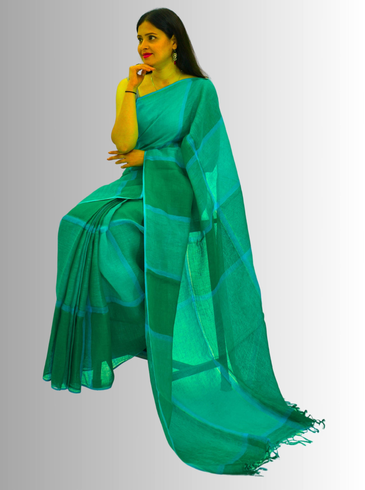 Pure Handloom Linen Emerald Green Check Saree
