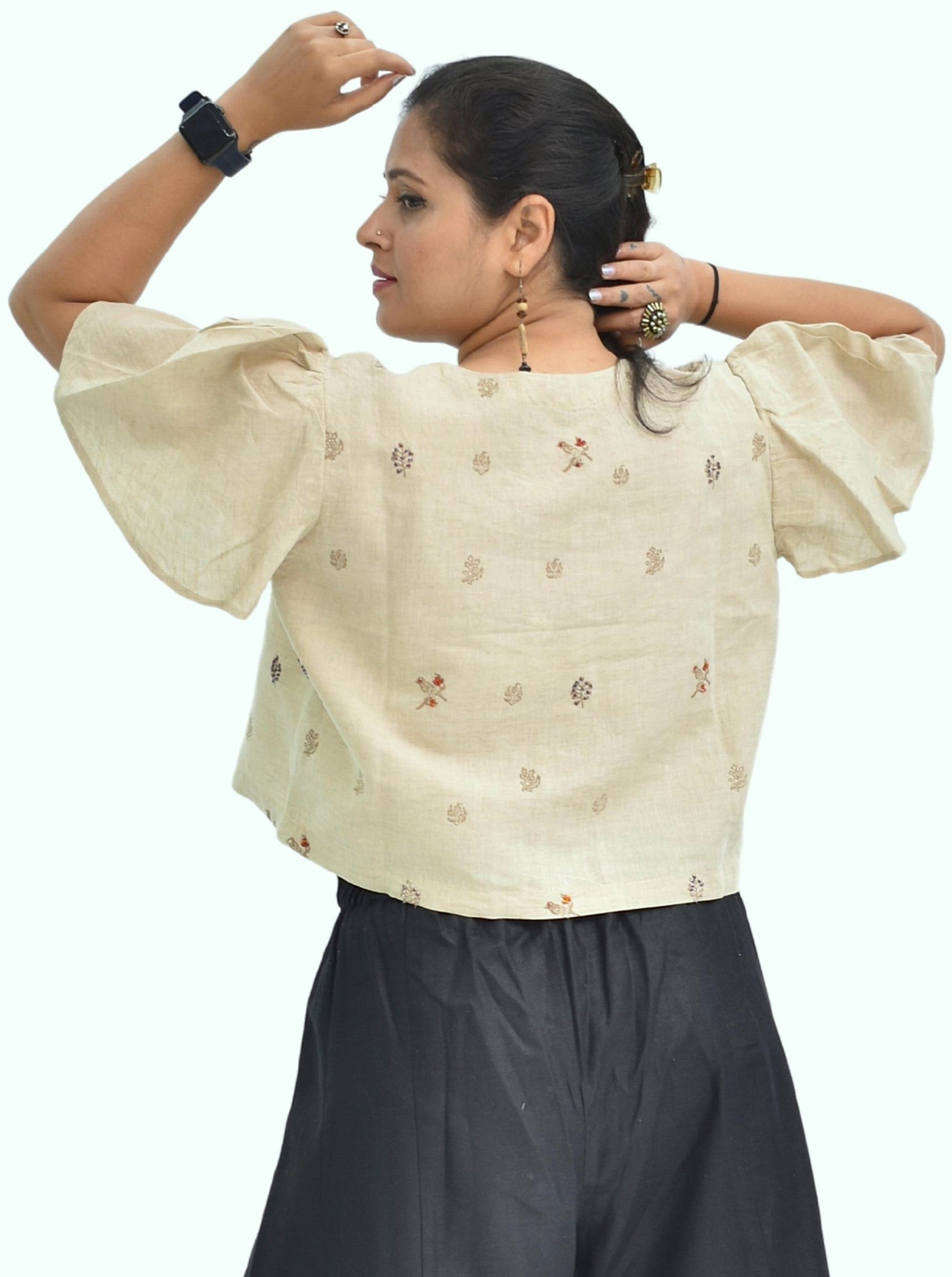 Pure Handloom Cotton Linen Earthy Beige Color Hand embroidered Top