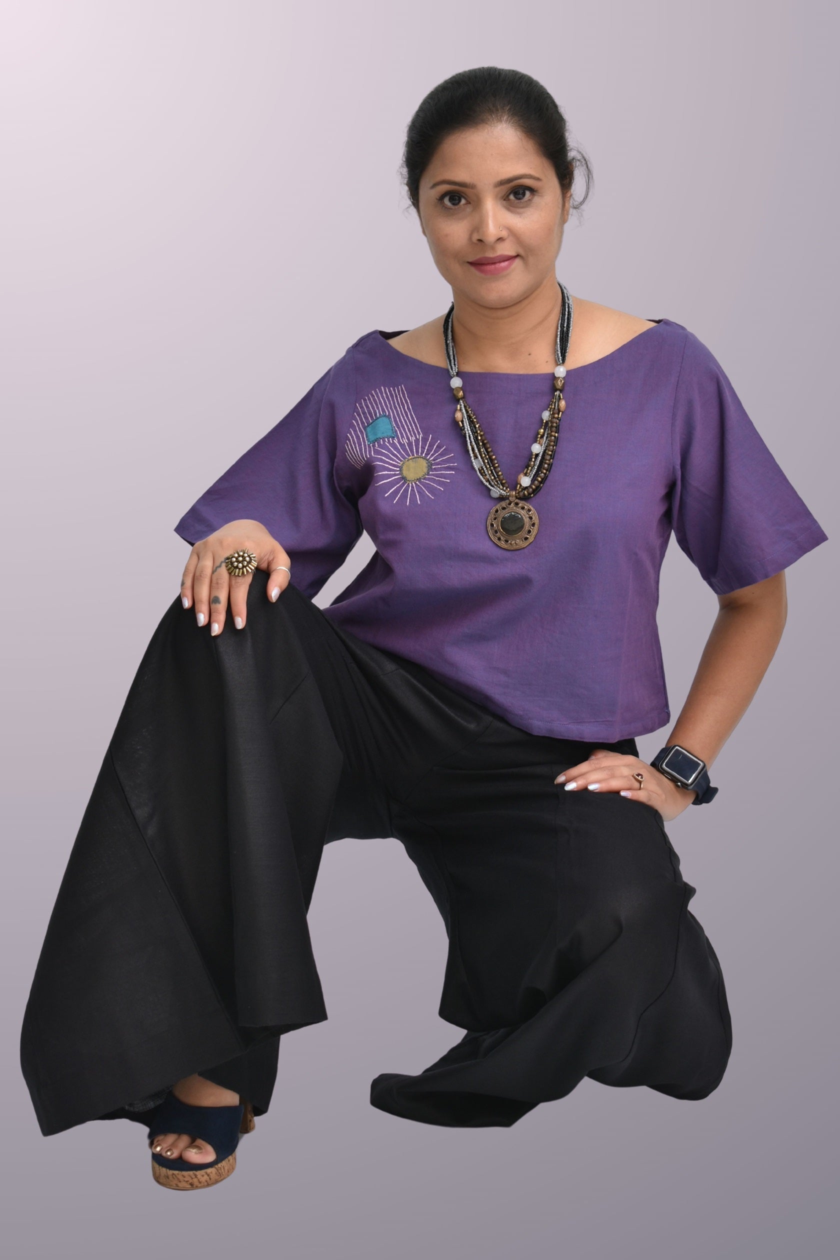 Pure Handloom Cotton Purple Color with Thread Hand Emboidary Top