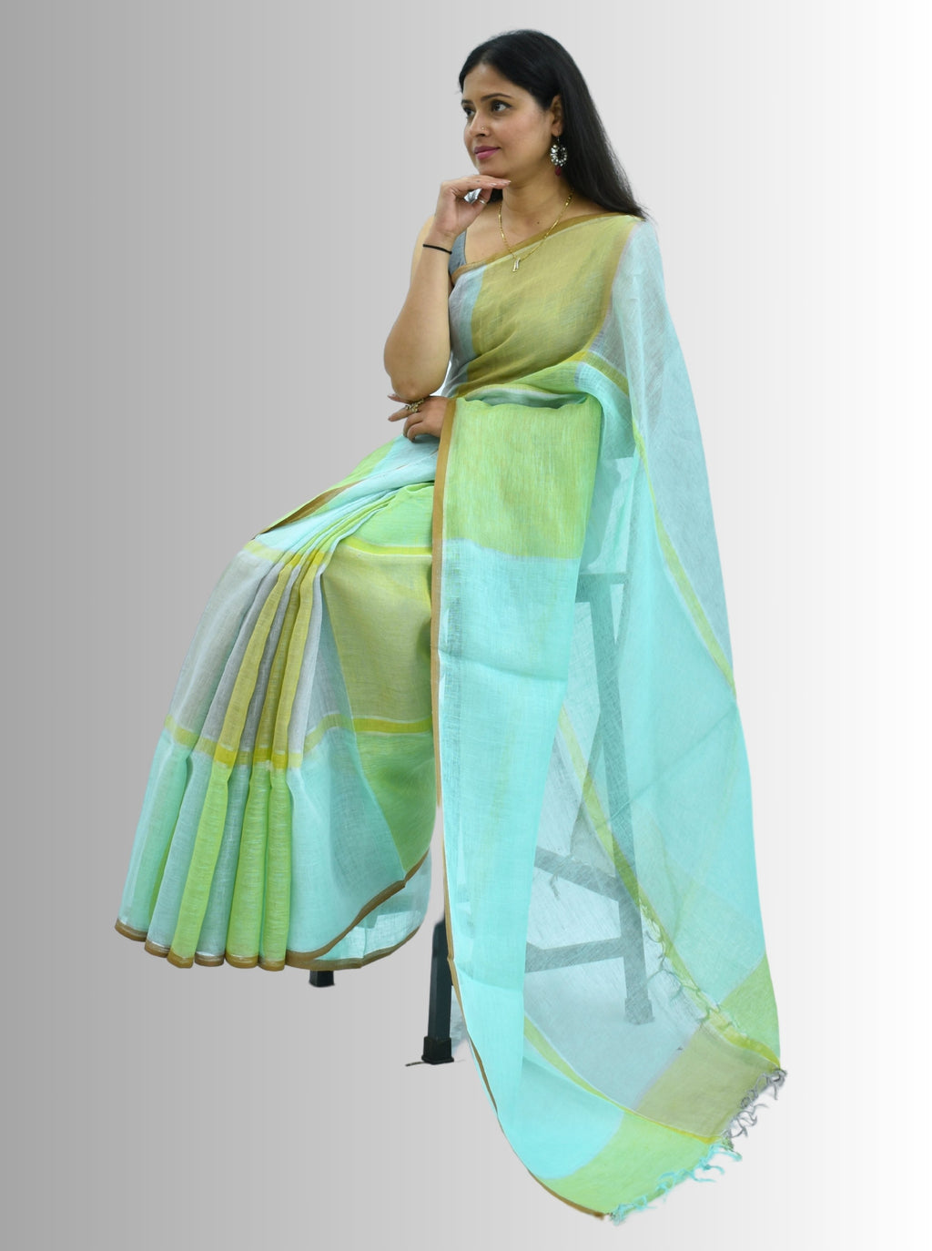 Pure Handloom Linen Multicolor Check Saree