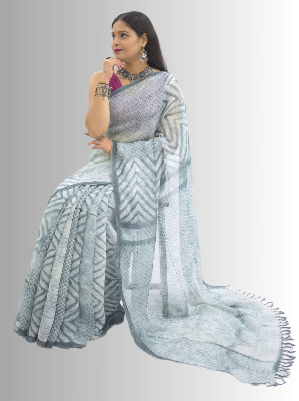Pure Handloom White & Grey Shibori Linen Saree