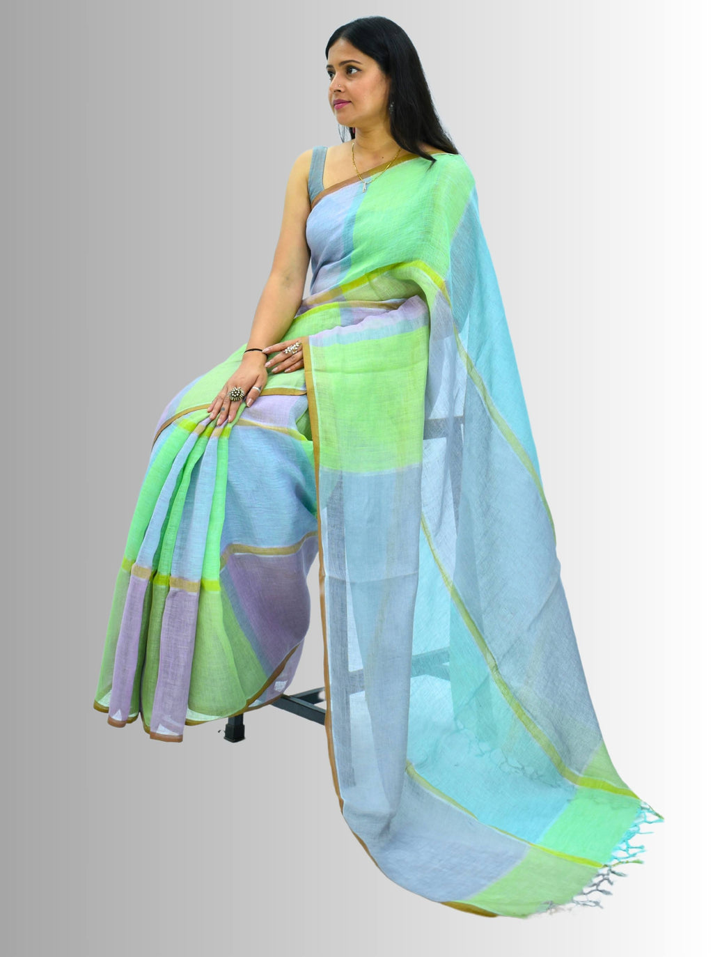 Pure Handloom Linen Multicolor Check Saree