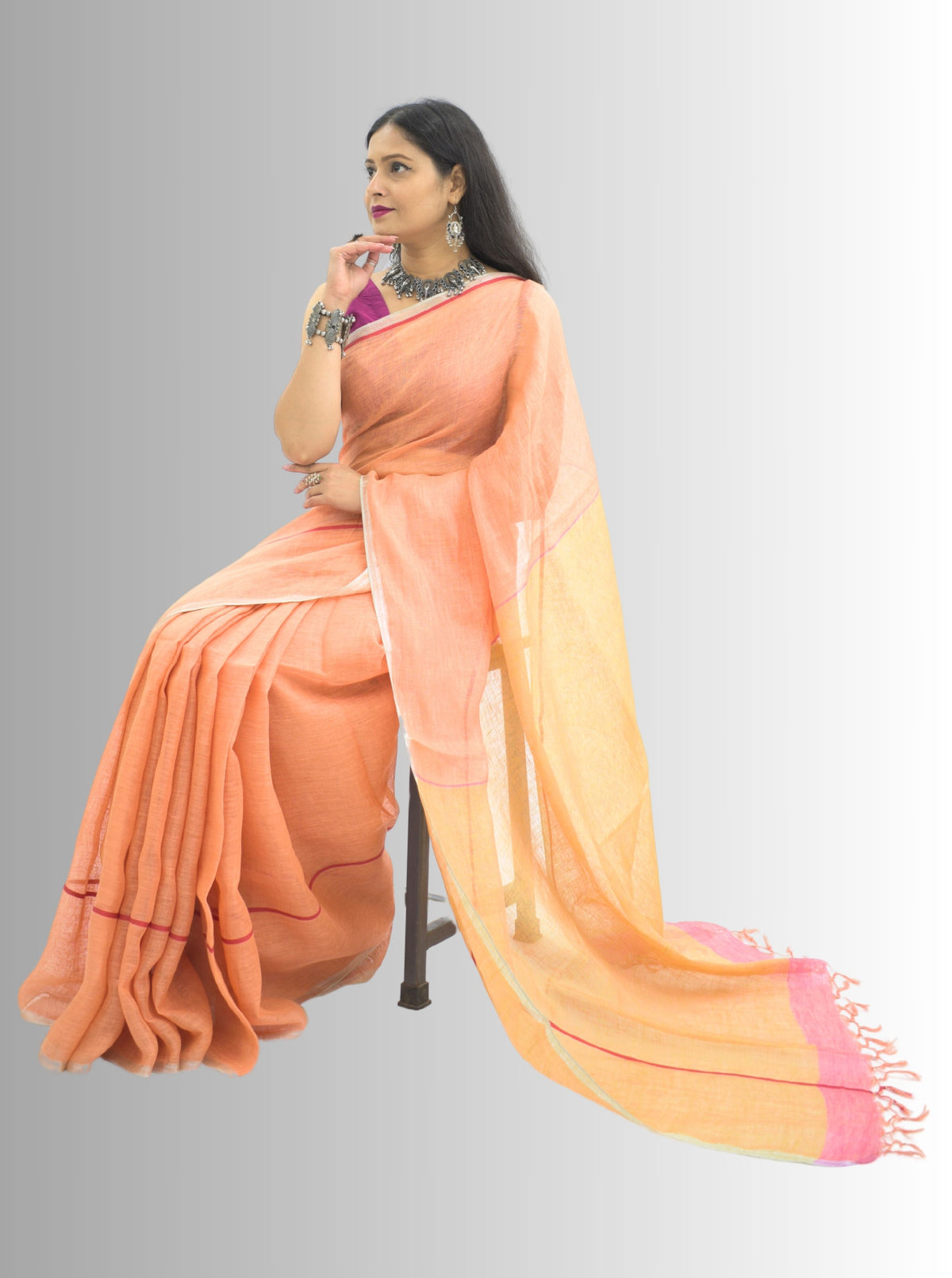 Pure Handloom Peach Linen Saree