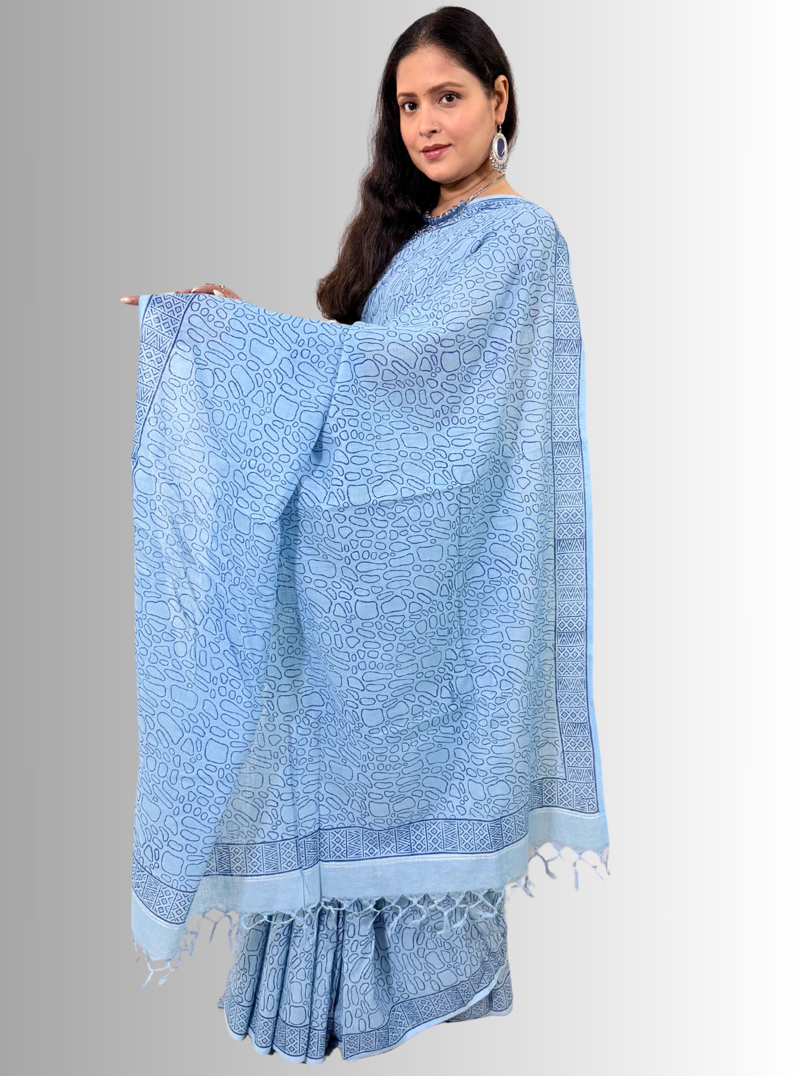 Handloom cotton linen sky blue jaal hand block print saree with blouse