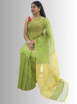 Chanderi Silk Lemon Yellow and Green Stripes Saree