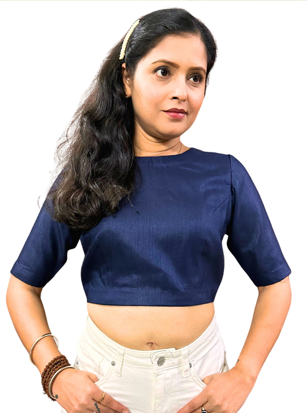 Dark Zodiac Blue Cotton Tussar Silk Blouse with Round Neck and Back Wooden Buttons