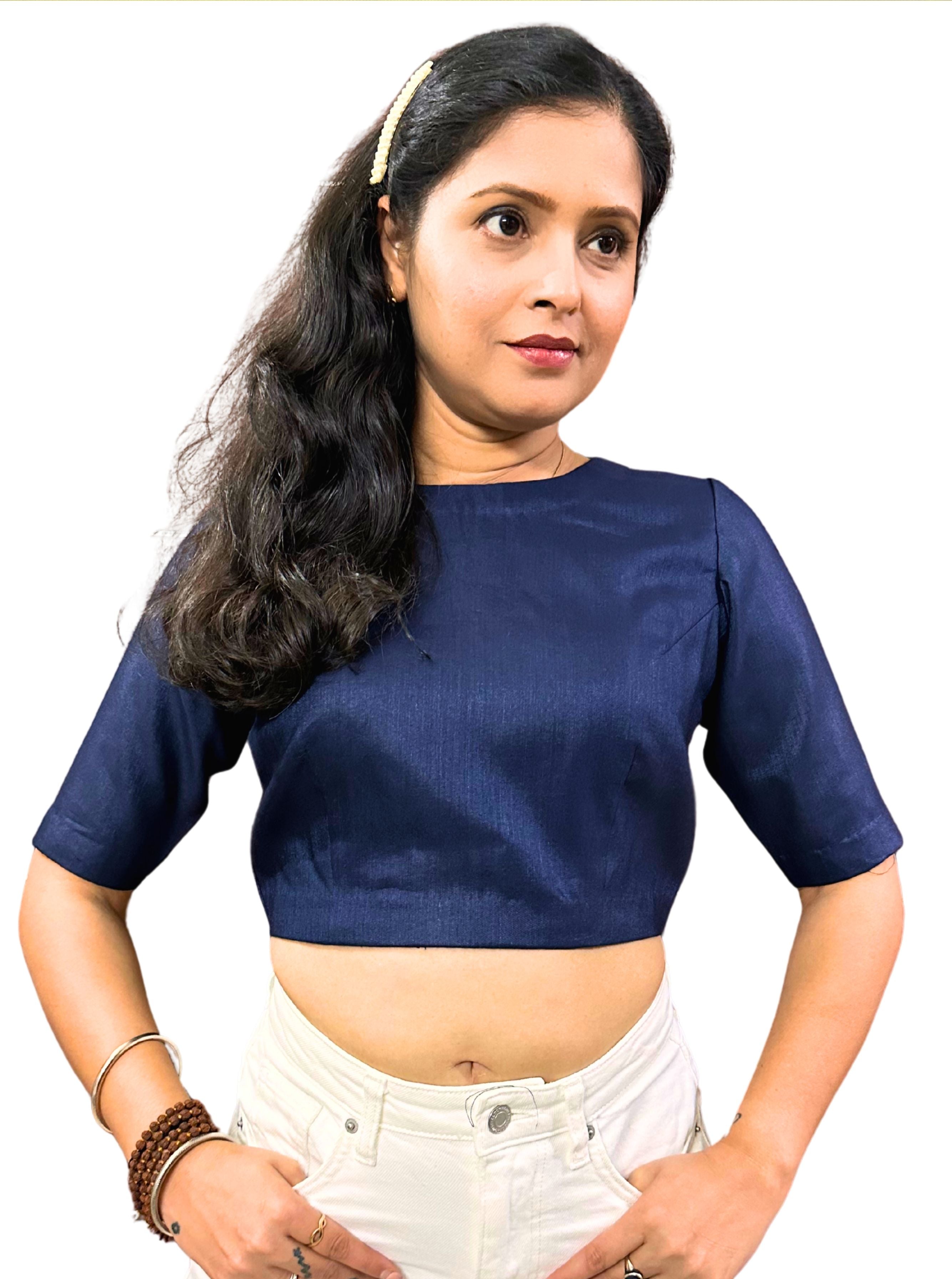 Dark Zodiac Blue Cotton Tussar Silk Blouse with Round Neck and Back Wooden Buttons