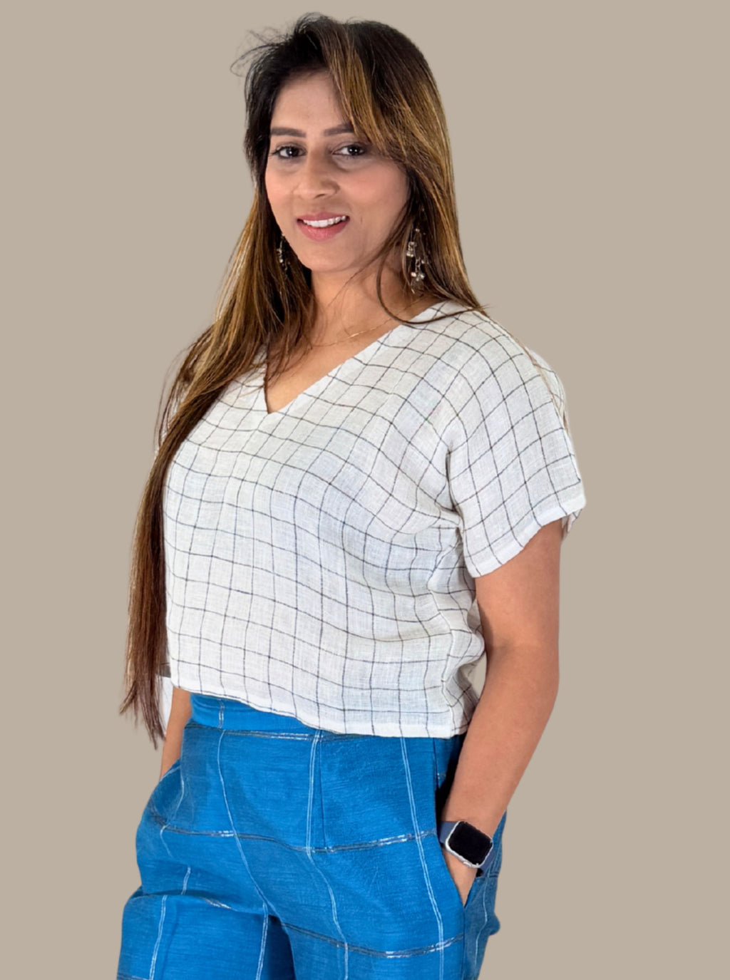 handloom linen white top with V-neck