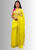 haldi yellow handloom linen hand embroiedry saree with blouse