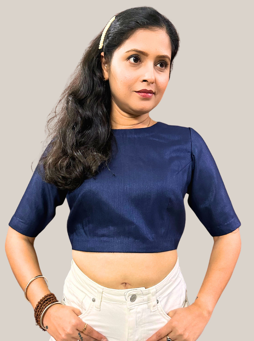 Dark Zodiac Blue Cotton Tussar Silk Blouse with Round Neck and Back Wooden Buttons