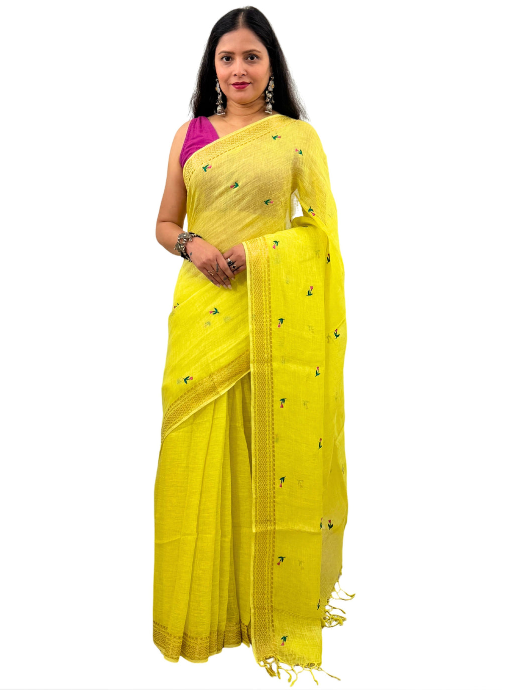 haldi yellow handloom linen hand embroiedry saree with blouse