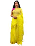 haldi yellow handloom linen hand embroiedry saree with blouse