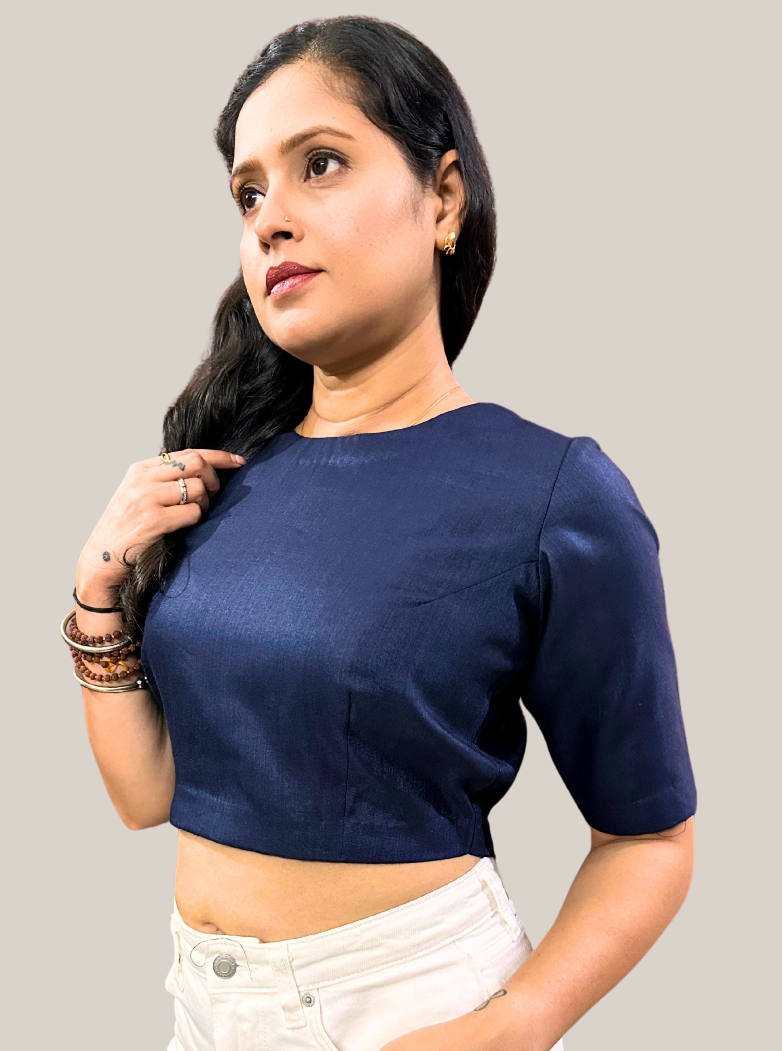 Dark Zodiac Blue Cotton Tussar Silk Blouse with Round Neck and Back Wooden Buttons