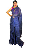 blue handloom linen check saree with blouse