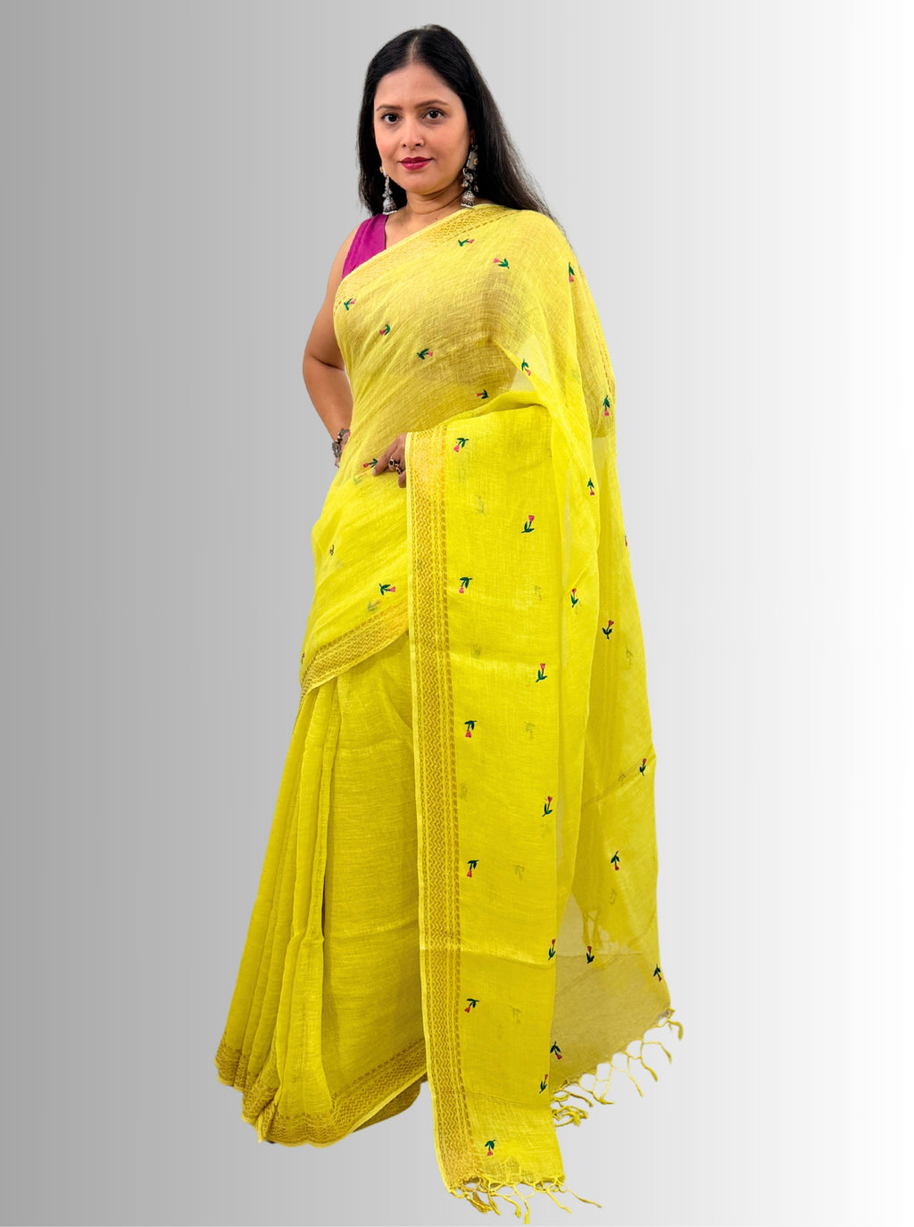 haldi yellow handloom linen hand embroiedry saree with blouse