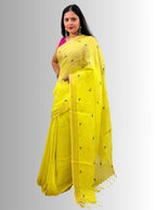 haldi yellow handloom linen hand embroiedry saree with blouse