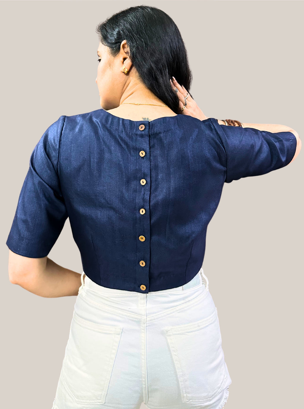 Dark Zodiac Blue Cotton Tussar Silk Blouse with Round Neck and Back Wooden Buttons