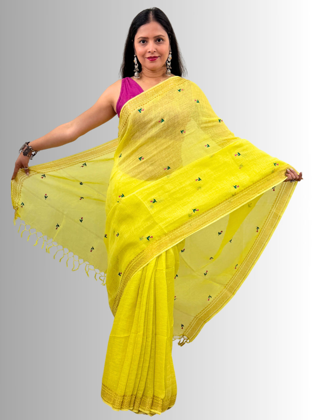 haldi yellow handloom linen hand embroiedry saree with blouse