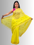 haldi yellow handloom linen hand embroiedry saree with blouse