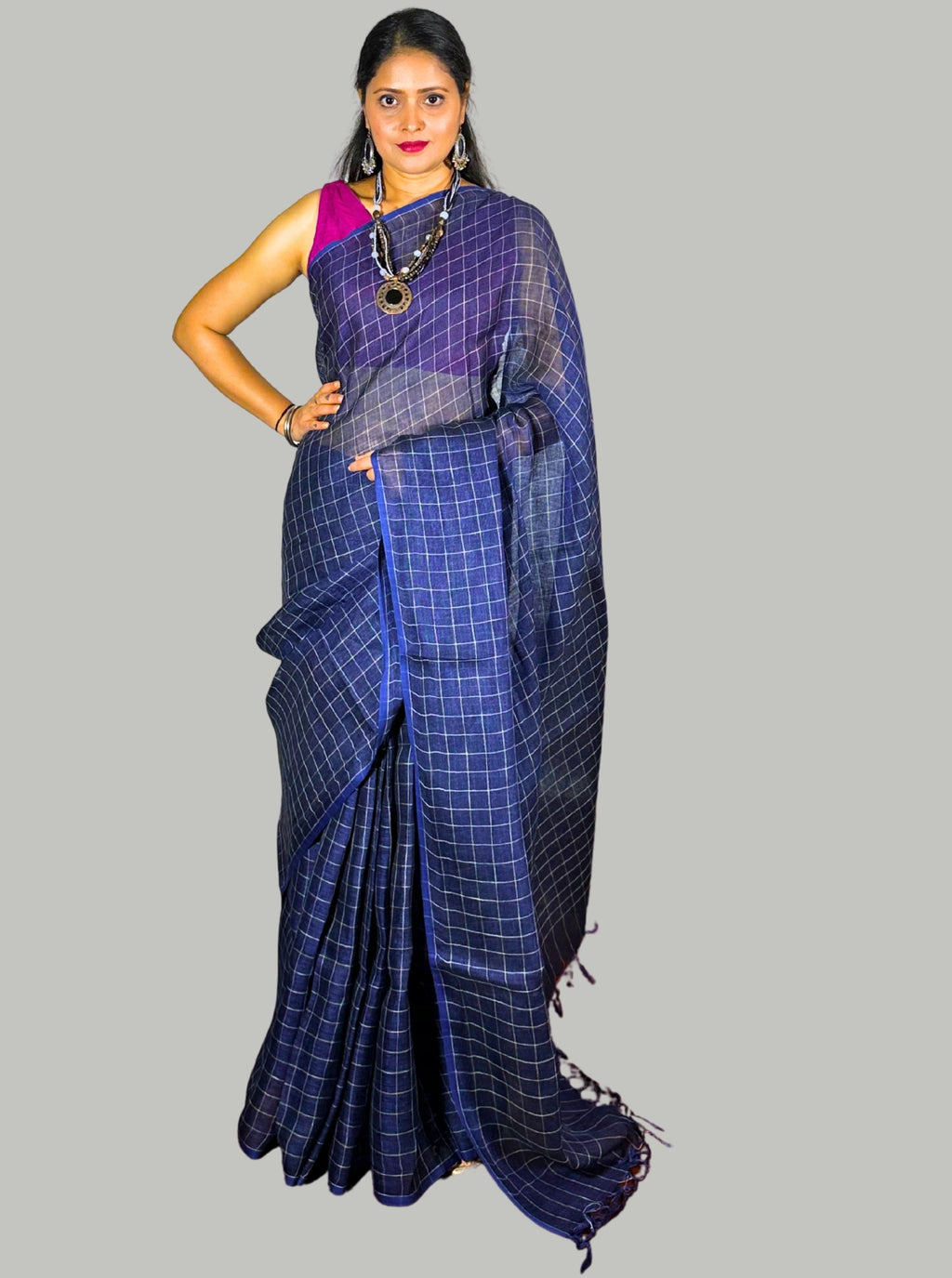 blue handloom linen check saree with blouse