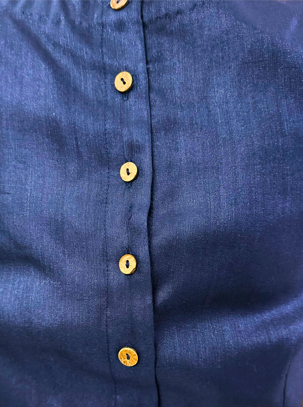 Dark Zodiac Blue Cotton Tussar Silk Blouse with Round Neck and Back Wooden Buttons