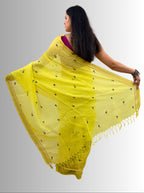 haldi yellow handloom linen hand embroiedry saree with blouse