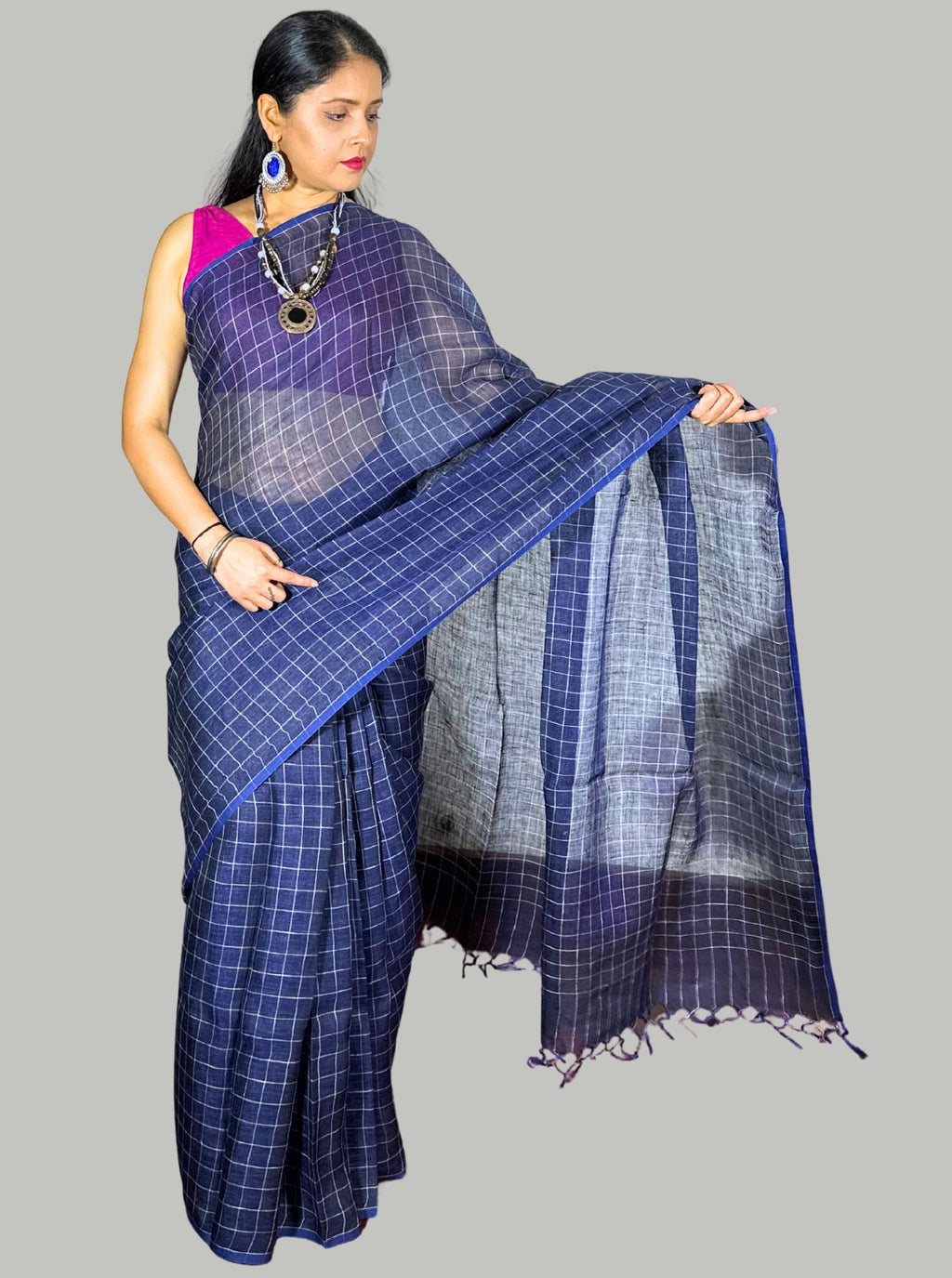 blue handloom linen check saree with blouse