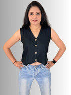 handloom tassar silk cotton black waist coat top with front button