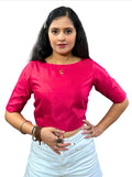 Dark Raspberry Red Cotton Tussar Silk Blouse with Boat Neck and Back Wooden Buttons