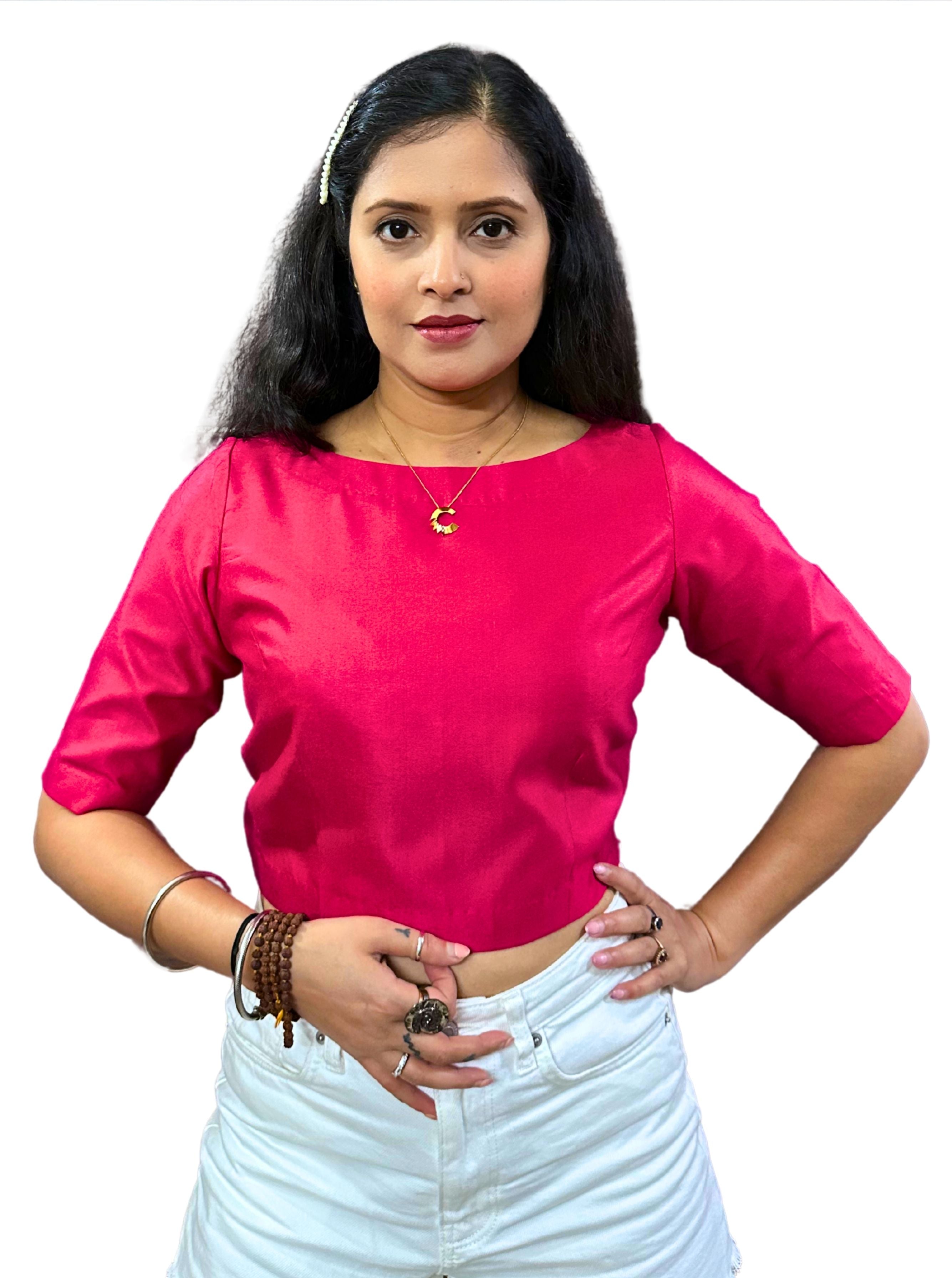 Dark Raspberry Red Cotton Tussar Silk Blouse with Boat Neck and Back Wooden Buttons