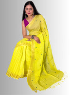 haldi yellow handloom linen hand embroiedry saree with blouse
