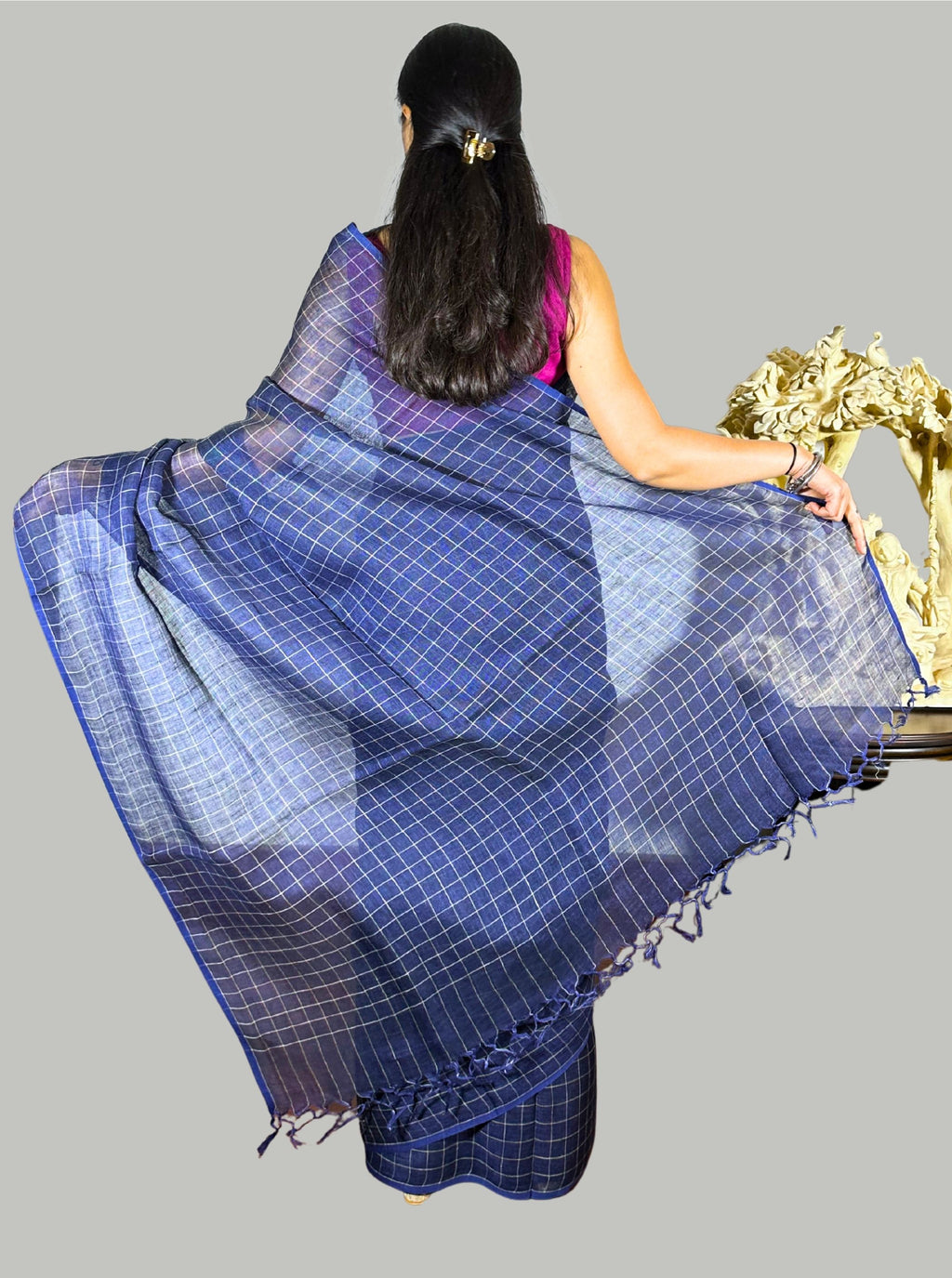 blue handloom linen check saree with blouse