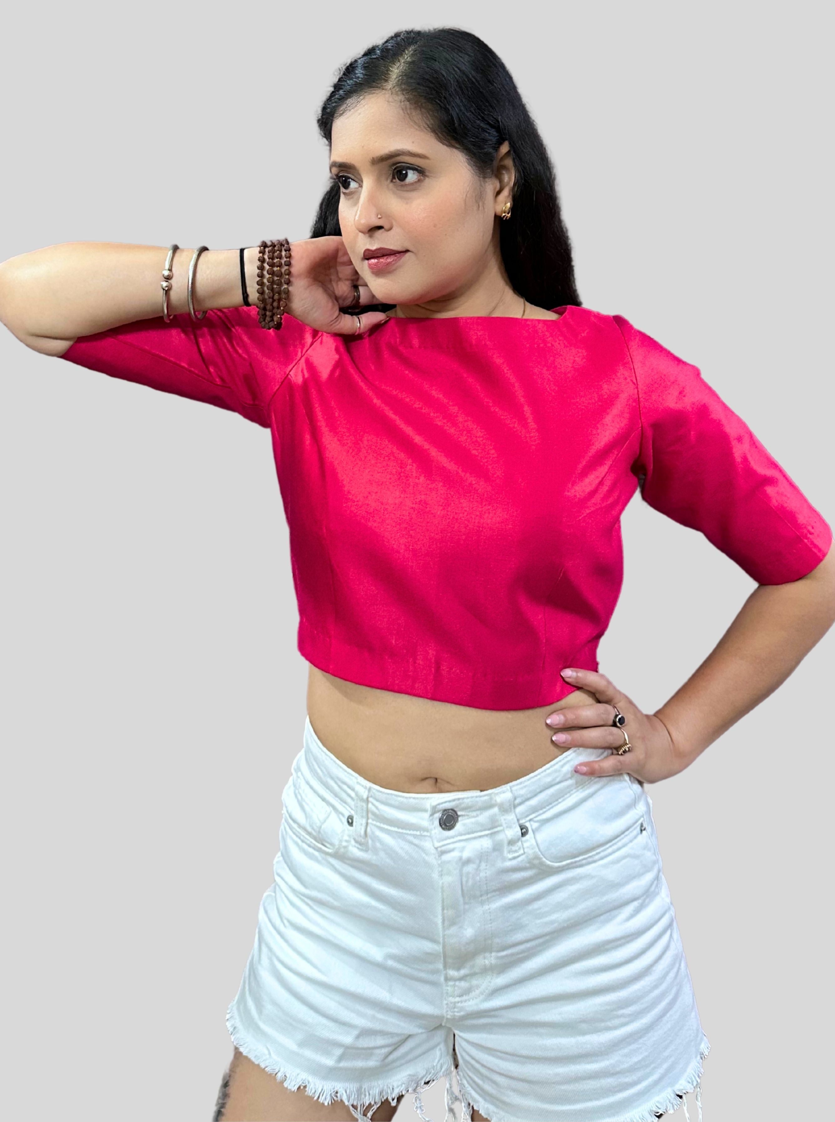 Dark Raspberry Red Cotton Tussar Silk Blouse with Boat Neck and Back Wooden Buttons