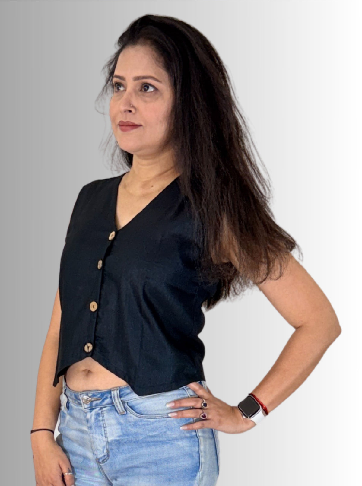 handloom tassar silk cotton black waist coat top with front button