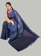 blue handloom linen check saree with blouse