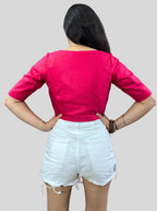 Dark Raspberry Red Cotton Tussar Silk Blouse with Boat Neck and Back Wooden Buttons