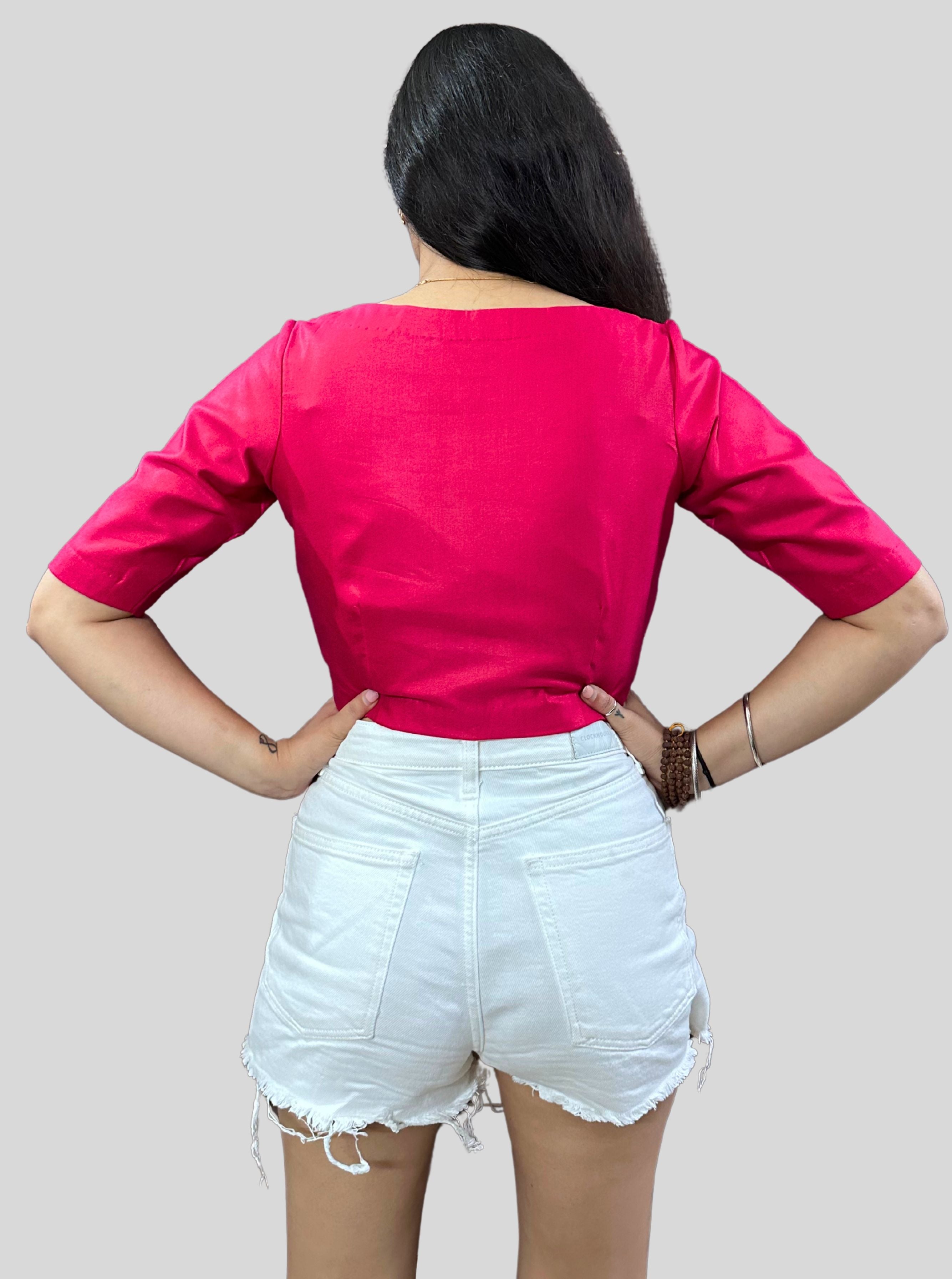 Dark Raspberry Red Cotton Tussar Silk Blouse with Boat Neck and Back Wooden Buttons