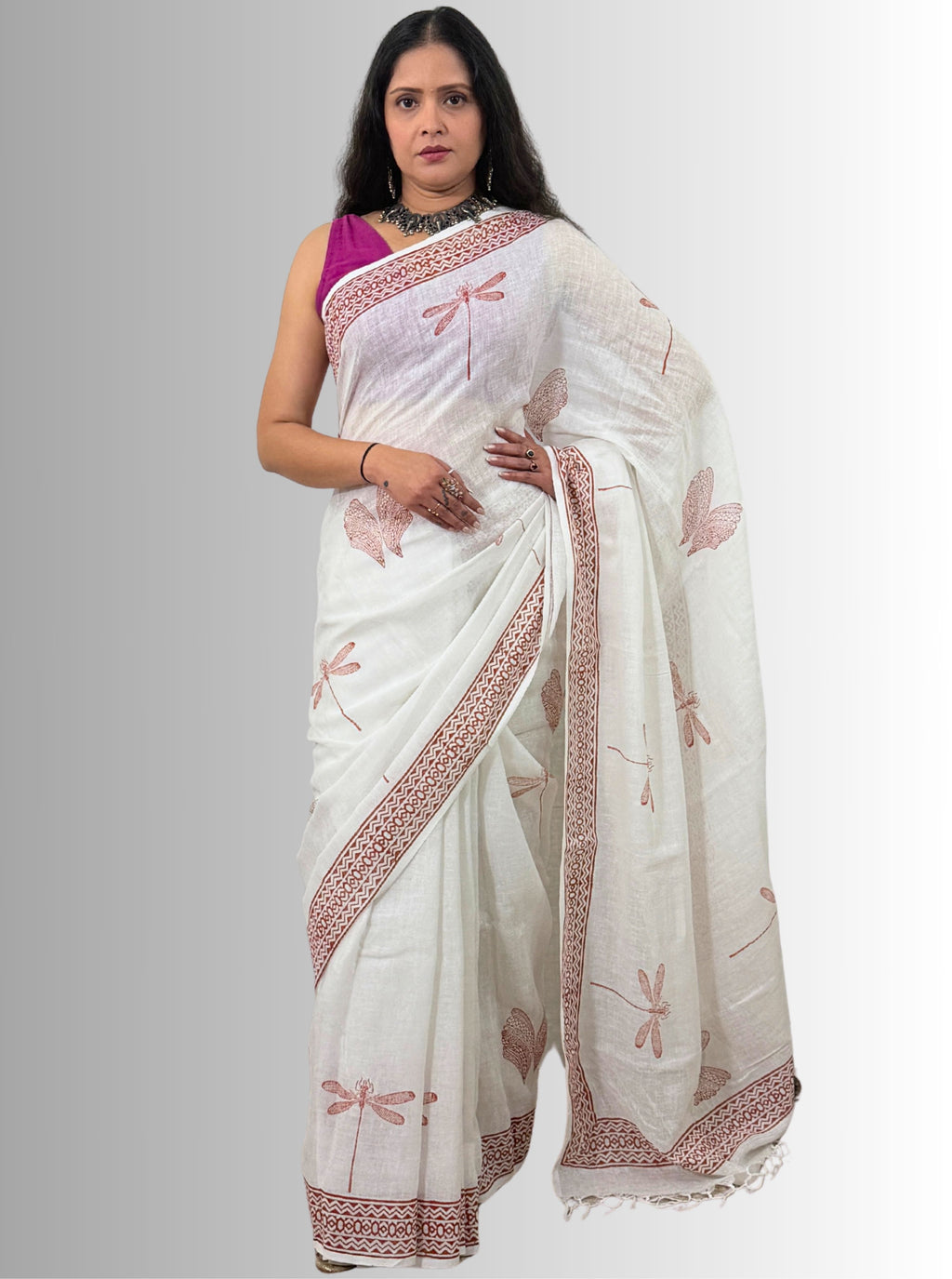 handloom cotton linen white hand block print saree with blouse