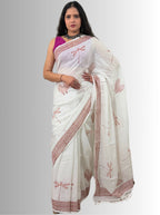 handloom cotton linen white hand block print saree with blouse