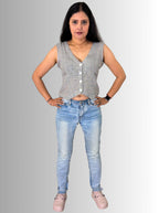Handloom Grey Check Linen West Coat Top – Stylish Sleeveless Ethnic Layering Jacket for Women