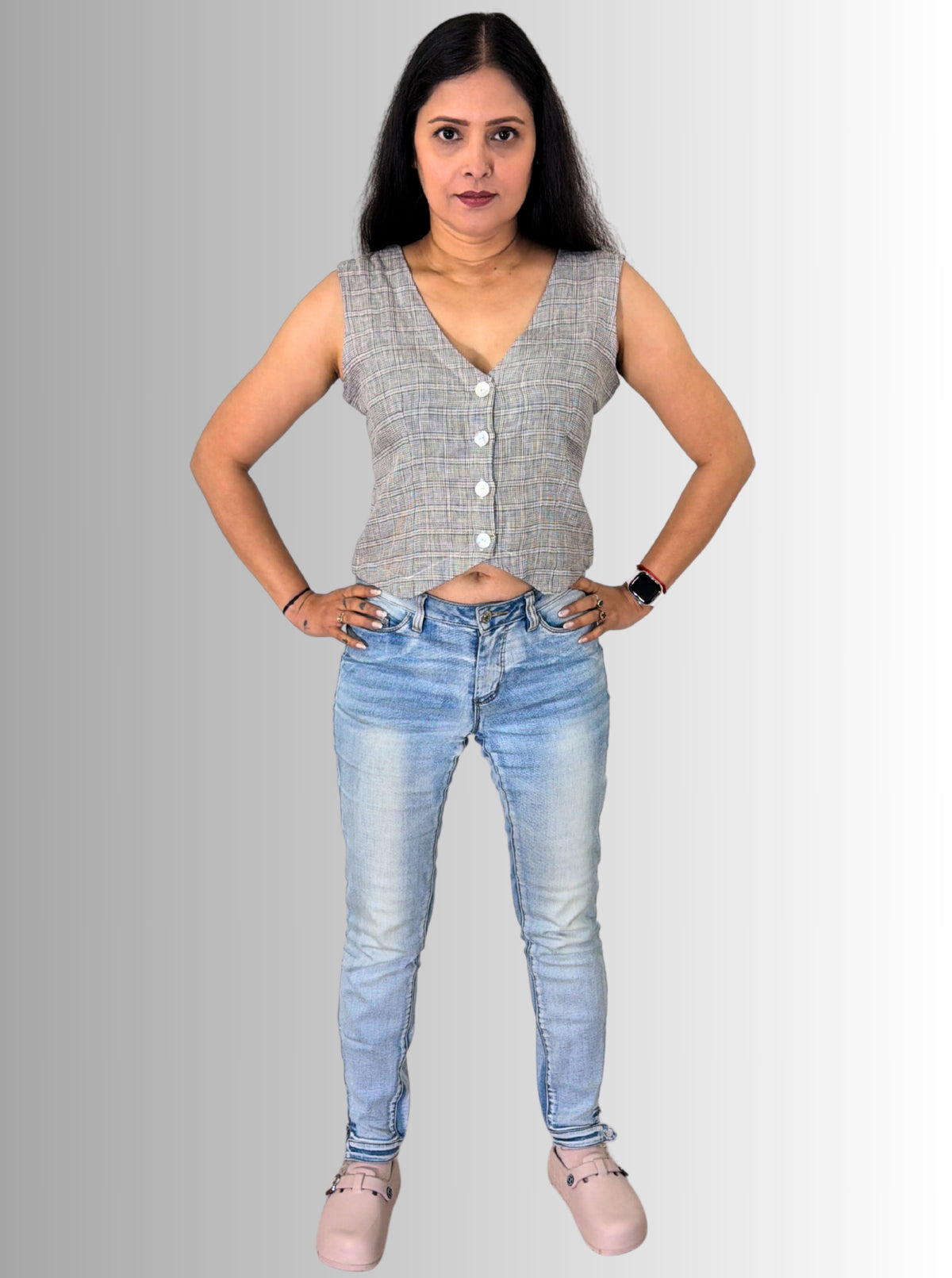 Handloom Grey Check Linen West Coat Top – Stylish Sleeveless Ethnic Layering Jacket for Women