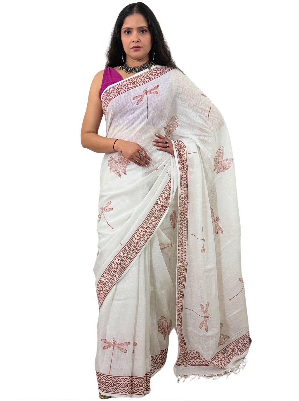 handloom cotton linen white hand block print saree with blouse