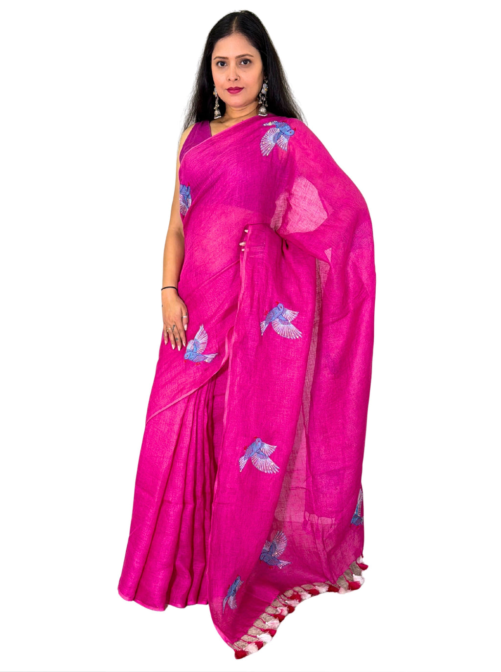 Fuchiya pink handloom hand embroiedry saree with blouse