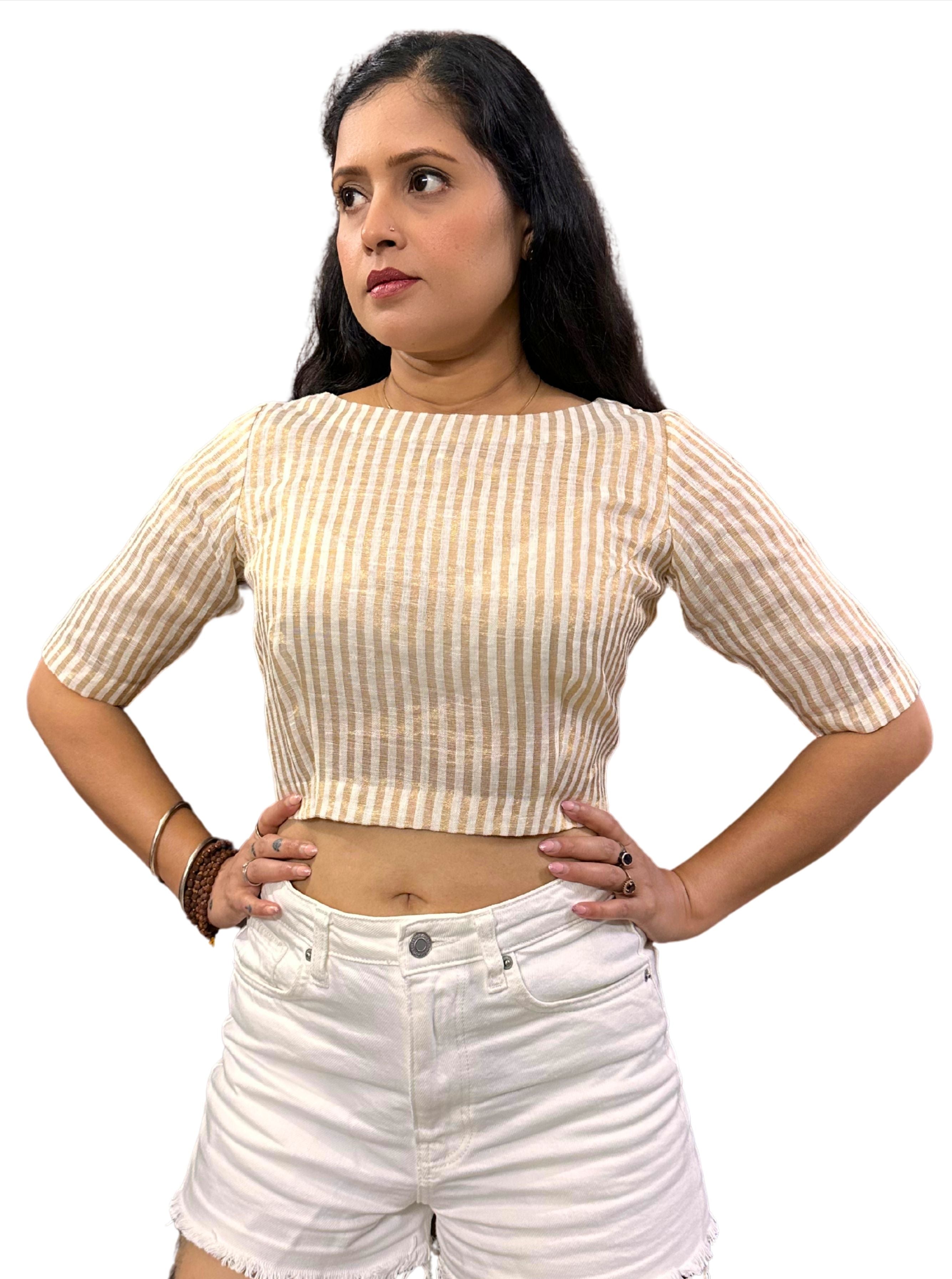 Handloom Golden Striped Tissue Linen Blouse with Boat Neck and Side Zippe