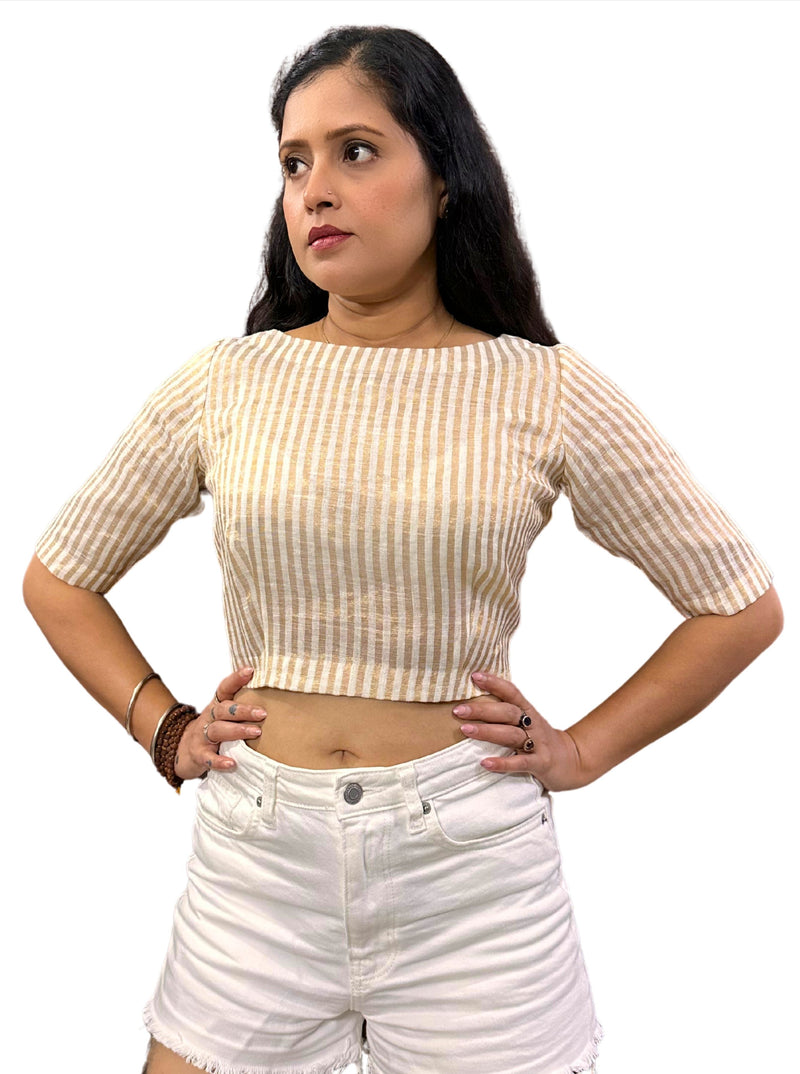 Handloom Golden Striped Tissue Linen Blouse with Boat Neck and Side Zippe