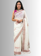 handloom cotton linen white hand block print saree with blouse