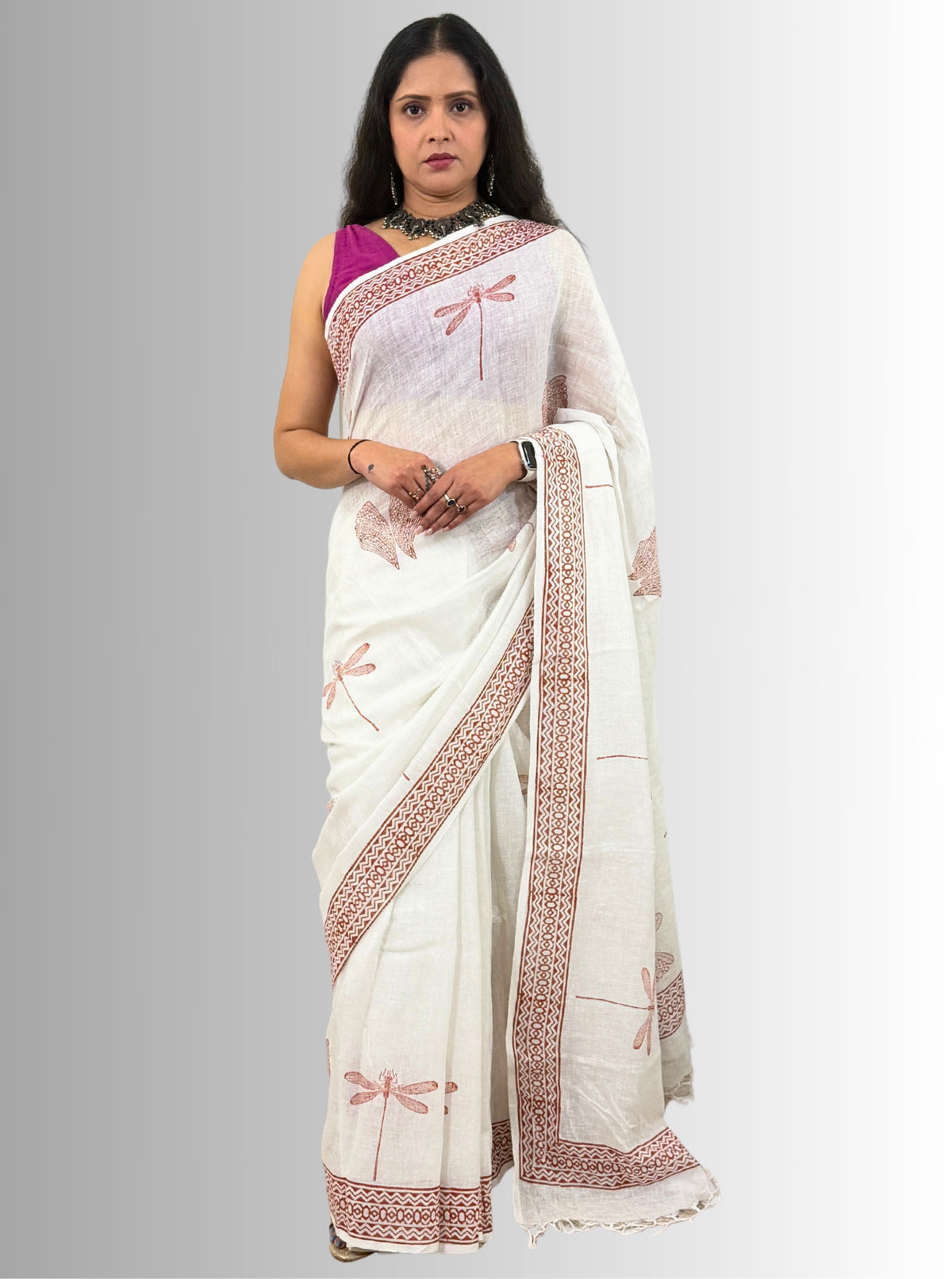 handloom cotton linen white hand block print saree with blouse