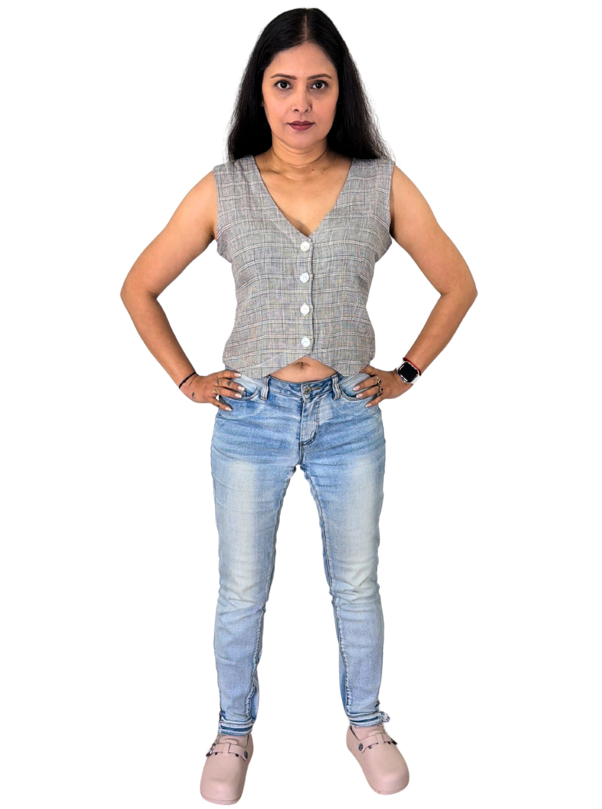 Handloom Grey Check Linen West Coat Top – Stylish Sleeveless Ethnic Layering Jacket for Women
