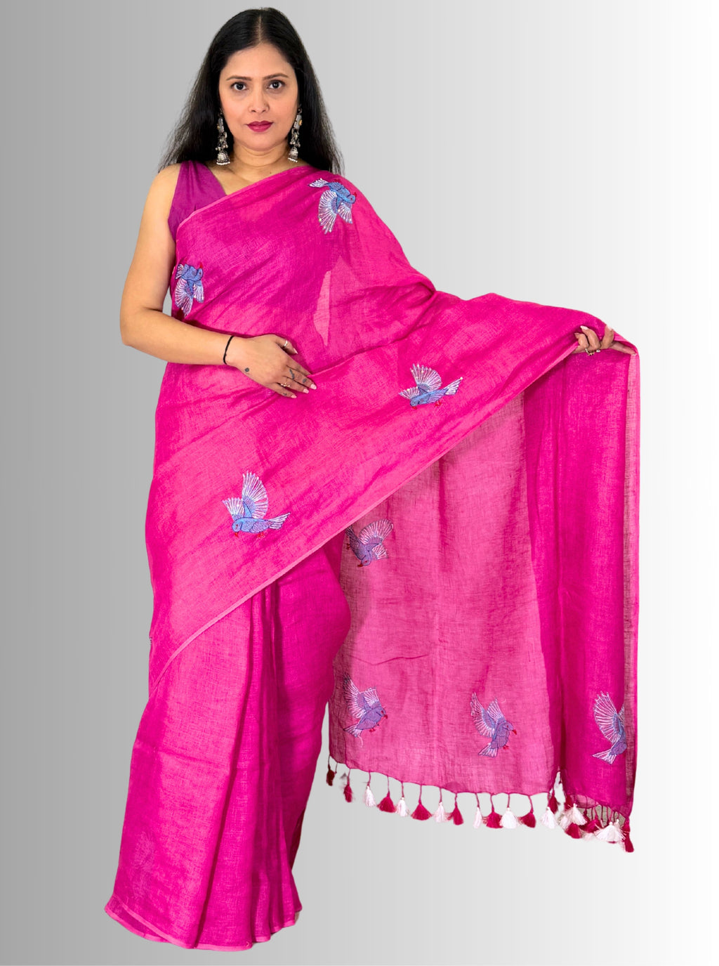 Fuchiya pink handloom hand embroiedry saree with blouse