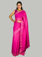 Pink handloom linen saree with hand block print with blouse